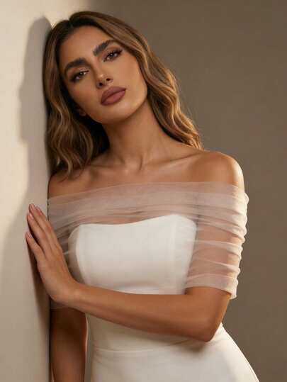 Off-Shoulder Solid Color Shawl For Women, Suitable For Bride Wedding, Storefront Display, Party Dress, Soft Chiffon With Clasp Design, White Wrap