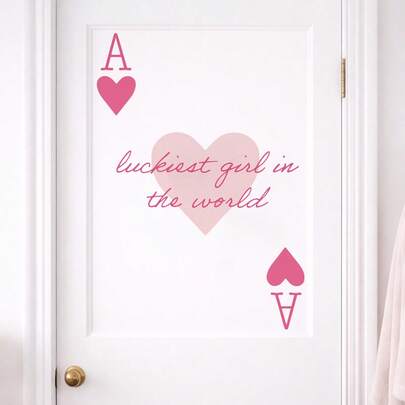 Pink Ace Of Hearts Wall Sticker, Luckiest Girl In The World Quote Decal, Romantic Love Wall Art For Girls Bedroom, Dorm, Vanity – Peel And Stick Removable Vinyl Home Decor