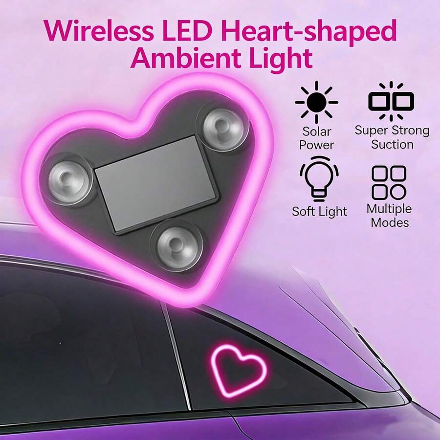 Car LED Ambient Light, Solar-Powered Heart-Shaped LED Neon Light, Solar-Powered Heart-Shaped Atmosphere Light With 3 Modes, IP65 Waterproof, For Romantic Car Interior And Outdoor Decor - LOVE - View 1
