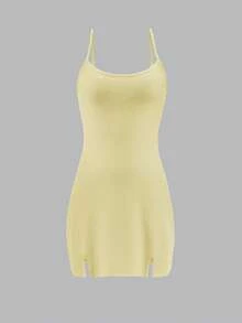 女士夏季休闲运动风吊带修身开衩迷你连衣裙，黄色+棕色套装 - 黃色+棕色 - 查看 4