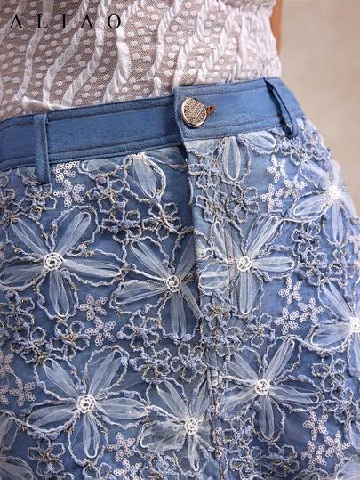 Aliao Elegant Blue Tie-Dye 3D Floral Patchwork Sequin Skirt, Suitable For Concerts, Brunch, Wedding Guests, Boho Style, New Year, Valentine's Day, Elegant Ladies, Beach, Thanksgiving, Graduation Spring