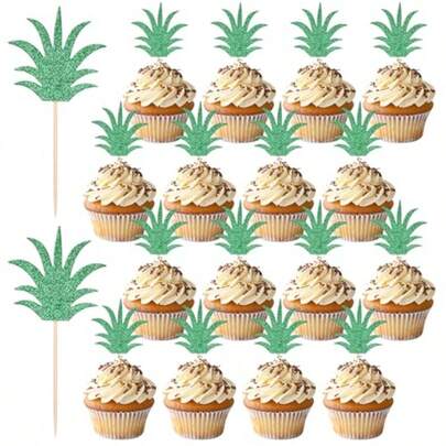 40 piezas Decoraciones de piña para cupcakes con brillo verde, decoraciones de piña para fiestas de verano con temática de selva y hawaiana para decorar pasteles