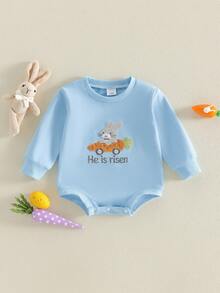 Mono de Pascua para bebé niño con bonito bordado de conejito y manga larga con cuello redondo - Azul celeste - Ver 7