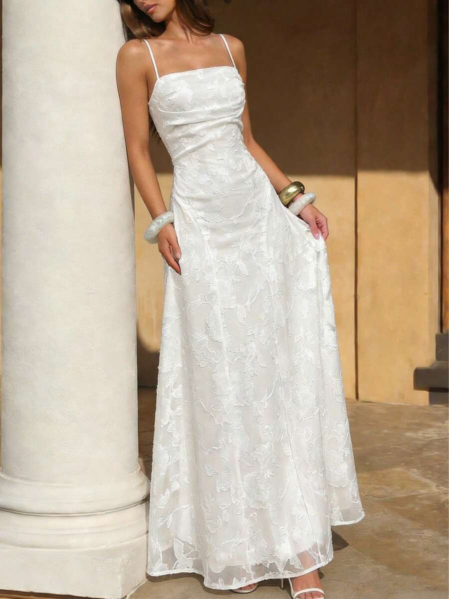 2026春夏新款优雅法式长裙，适合日常、约会、通勤、海滩、度假、办公室、情人节、镂空花卉、生日派对等场合，白色