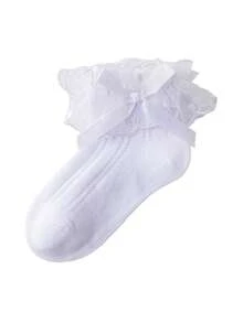 1 Pair White/Pink Lace Trim Socks, Girls Bowknot & Heart Embroidery Mesh Socks, Thin Children Dance Stockings, Princess Socks - Multicolor - View 13