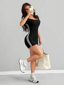 Bộ áo liền quần nữ AITYI Studio, kiểu dáng ôm sát, cổ chữ U, phối màu tương phản, thời trang, gợi cảm, ôm dáng, đa năng, phù hợp cho hoạt động ngoài trời, thể thao, tiệc tùng, lễ tốt nghiệp, tựu trường, lễ hội, lễ Phục sinh, lễ hội âm nhạc, mùa hè, chất liệu co giãn, tay ngắn. - màu đen - Xem 7