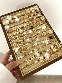 Bộ nhẫn ngọc trai phong cách Bohemian tối giản, thanh lịch cổ điển gồm 23/14/12/7 chiếc, bao gồm ngọc trai Baroque, mắt hổ, mắt mèo, hoa, giọt nước, trái tim rỗng và các yếu tố hình học bất đối xứng, phù hợp cho sử dụng hàng ngày, dự tiệc, đám cưới, ngày lễ, làm quà tặng. - Vàng 5 - Xem 11