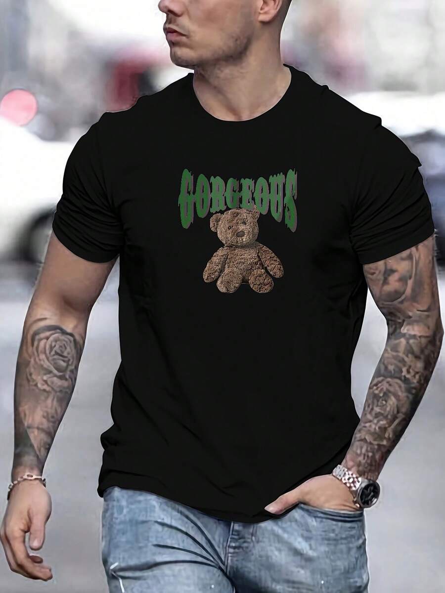 Camiseta con Estampado de Oso GORGEOUS para Hombre - Algodón Suave. Cuello redondo. Camiseta Casual de Verano de Manga Corta - Negro - Ver 1