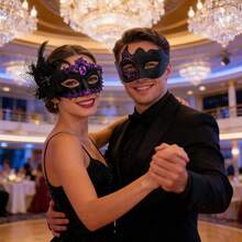 Couple Masquerade Ball Mask Set, Elegant Venetian Party Mask For Christmas, Halloween, Carnival Costume Party, Romantic Glitter Black & Purple Mask For Men And Women - Black and Purple - View 5