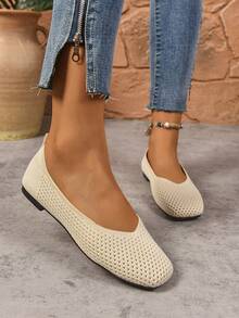 Women's Flat Loafers, Fashionable Knitted Soft Comfortable Breathable Lightweight Slip-On Flat Shoes, Minimalist Casual Elegant Square Toe Shoes - Beige - View 4