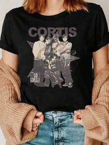 CORTI Large Logo, 5 Characters Combination Image, And COOR OUTIDE THE INE Text, Overall Vintage Black And Brown Color Scheme With Ink Splash Effect, Retro Street Style Pattern T-Shirt - Women's Casual Round Neck Short Sleeve Top - 黑色 - 查看 2