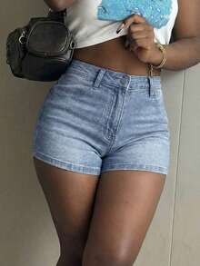 Fashionable Women's Denim Mini Shorts Straight Leg Design High Stretch Fabric With Button And Zipper - Baby Blue - View 4