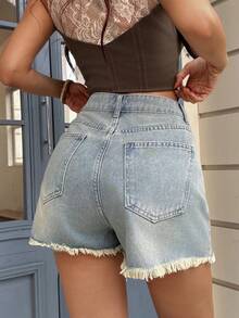 Short en jean délavé vintage à taille haute et coupe évasée, avec ourlet effiloché et style de rue polyvalent - Bleu ciel - Voir 3