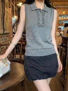 Top sin mangas de punto con cuello polo vintage, estilizado y de ajuste ceñido - Gris - Ver 2