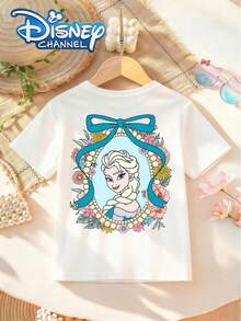 Disney Girls' Summer Short-Sleeve T-Shirt Floral Frame Bow Print Kids' Top - 白色 - 查看 3