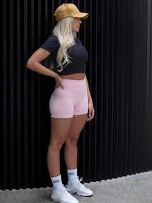 Quần short thể thao nâng mông không đường may dành cho nữ, thích hợp cho tập gym, đạp xe, chạy bộ, màu đen bó sát, màu hồng mùa hè. - Hồng - Xem 7