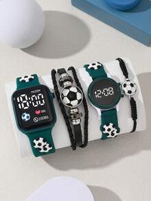 4 estilos de relojes digitales cuadrados LED para niños, adecuados para decoración con tema de fútbol. Estas pulseras y relojes electrónicos son apropiados para usar durante la temporada de regreso a clases. - Verde militar - Ver 1