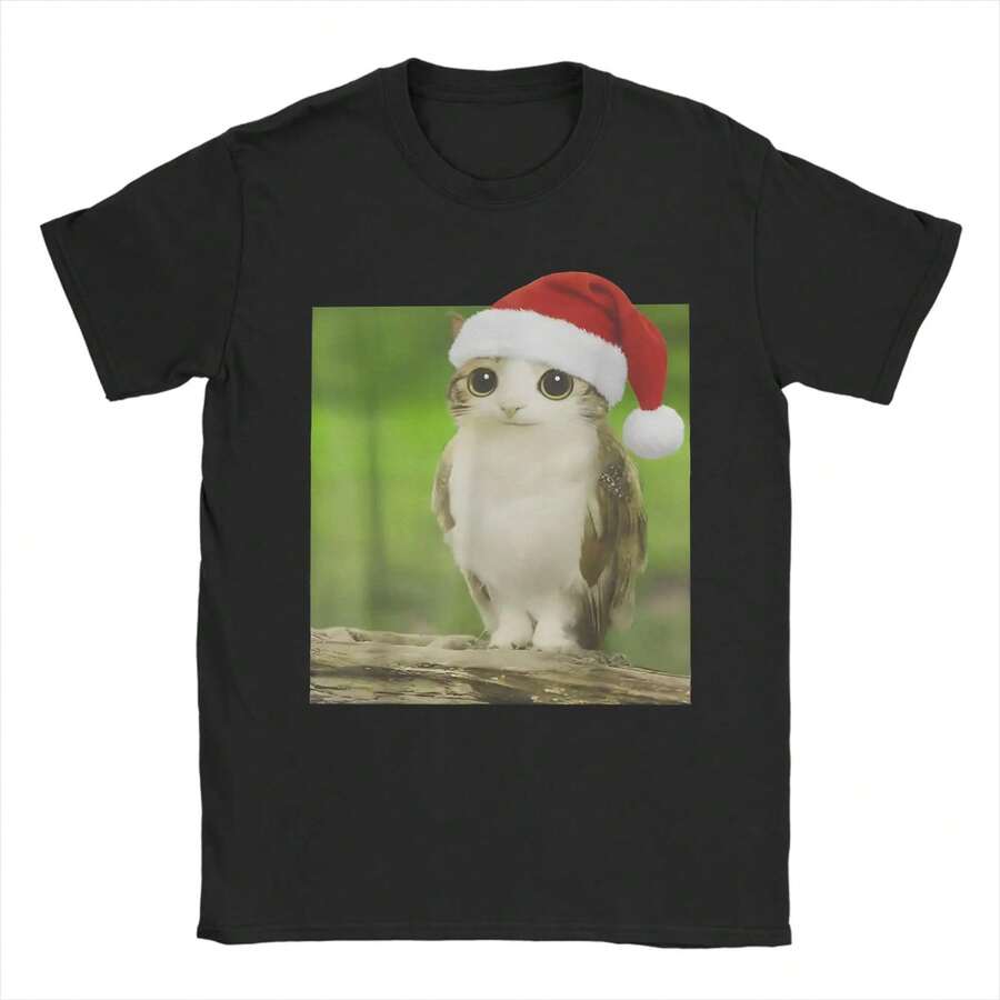 Camisetas divertidas y adorables con diseño de gato, búho, Brainrot, Meme Meowl, camisetas impresionantes de Navidad para mujer, camiseta de manga corta con cuello redondo, ropa - Negro - Ver 1