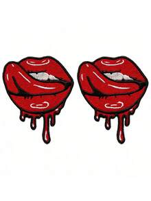 1pc Seductive Dripping Lips Patch, Sensual Red Tongue Embroidered Patch Badge, Polyester Textile DIY Embroidered Patch, All-Season Apparel, Accessories, Clothing, Shoes, Hats Decor - Khaki - View 12
