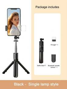 可折叠迷你自拍杆，带蓝牙、可伸缩、防抖灯、手机支架和集成式可伸缩三脚架 - 黑色 - 查看 14