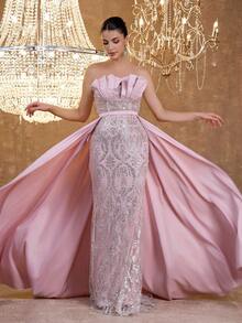 Elegant Sexy Off-Shoulder Mermaid Hem Dress With Satin Ruched Bust, Beaded, Sequin & Lace Embroidery Party - Baby Pink - View 4
