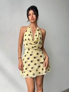 Women's Light Yellow New Polka Dot Spaghetti Strap Backless Layered Ruffle Asymmetrical Mini Dress, Elegant Fashion For Party, Evening Date, Beach Vacation, Bohemian, Sexy - Yellow - View 3