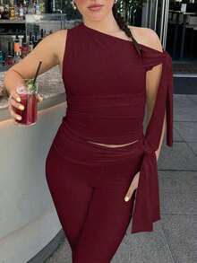 Women's Solid Color Asymmetric Shoulder Sleeveless Tie Top And Bottom Casual 2-Piece Set - 酒紅色 - 查看 6