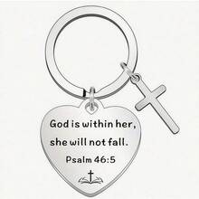 基督教圣经经文钥匙扣 - “神在她里面，她必不至动摇”诗篇 46:5，不锈钢圆形十字架吊坠，女性宗教礼物 - Old Gold - 查看 6