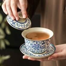 Ceramic Three-Piece Gaiwan Tea Cup, Household Blue And White Lotus Vine Kung Fu Tea Set, High-End Tea Ware, Tea Brewing Vessel - Multicolor - View 5