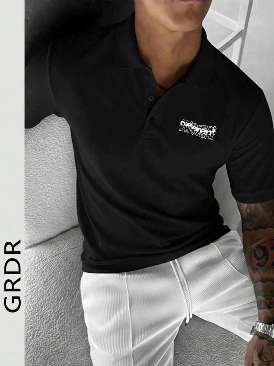 GRDR 夏季男士商务休闲简约印花 Polo 衫，男女通用款 - 黑色 - 查看 1