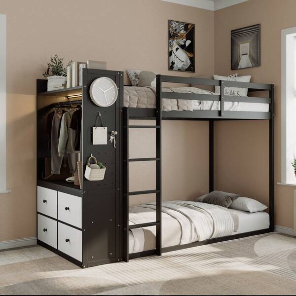MERAX Twin Size Bunk Bed With 4 Storage Drawers, Hanging Rail, Light Strip And Built-In Shelves & Dual Pegboards, 3 Colors Available,Black