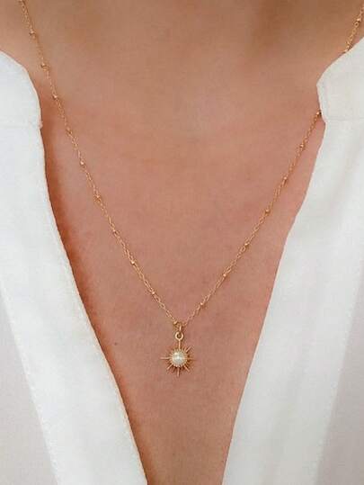 1 pieza Collar colgante elegante y de moda con diseño de sol de ópalo blanco imitación, collar para uso diario de mujer, joya de regalo para vacaciones