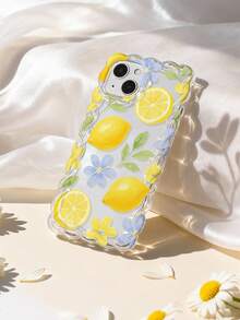 1pc Fresh And Energetic Girl Style Lemon Floral Pattern Wavy Lace Silicone Anti-Drop Transparent Phone Case Compatible With IPhone 11/12/13/14/15/16/17 Pro Max - Multicolor - View 4