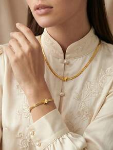 Bộ 4 món bằng thép không gỉ mạ vàng hình cỏ bốn lá, gồm dây chuyền, bông tai và vòng tay, dành cho nữ và các cặp đôi, phụ kiện dự tiệc phong cách đường phố cổ điển (Đóng gói trong túi OPP). - Vàng - Xem 7