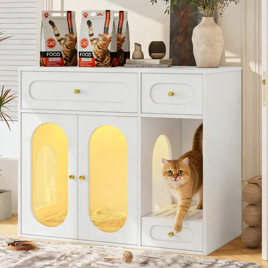 MERAX Cat Litter Box Enclosure With LED Light, Hidden Litter Box ...