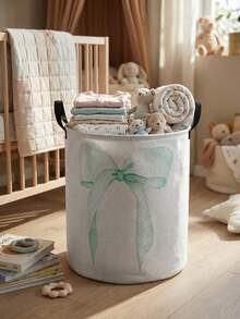 1 件蝴蝶结图案印花可折叠大容量圆形收纳篮带手柄，多用途育儿收纳篮，婴儿尿布、衣物、用品收纳，可折叠育儿收纳盒 - 彩色 - 查看 11