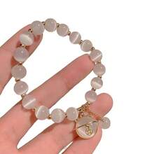 Cute White Cat Eye Beaded Bracelet With Cat & Pearl Charms, Sweet Beaded Wristband Bracelet For Women, Elegant Jewelry Women Accessory Ideal For Daily Styling & Gift Giving, Versatile Bracelets For Women - 白色 - 查看 9