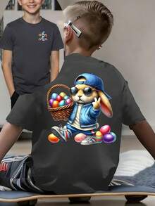 男童休闲印花圆领短袖T恤，夏季上衣 - 深灰色 - 查看 4