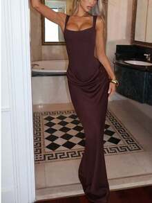 1件女士纯色优雅淑女风紧身长袖深V领修身连衣裙 - 紫色 - 查看 2