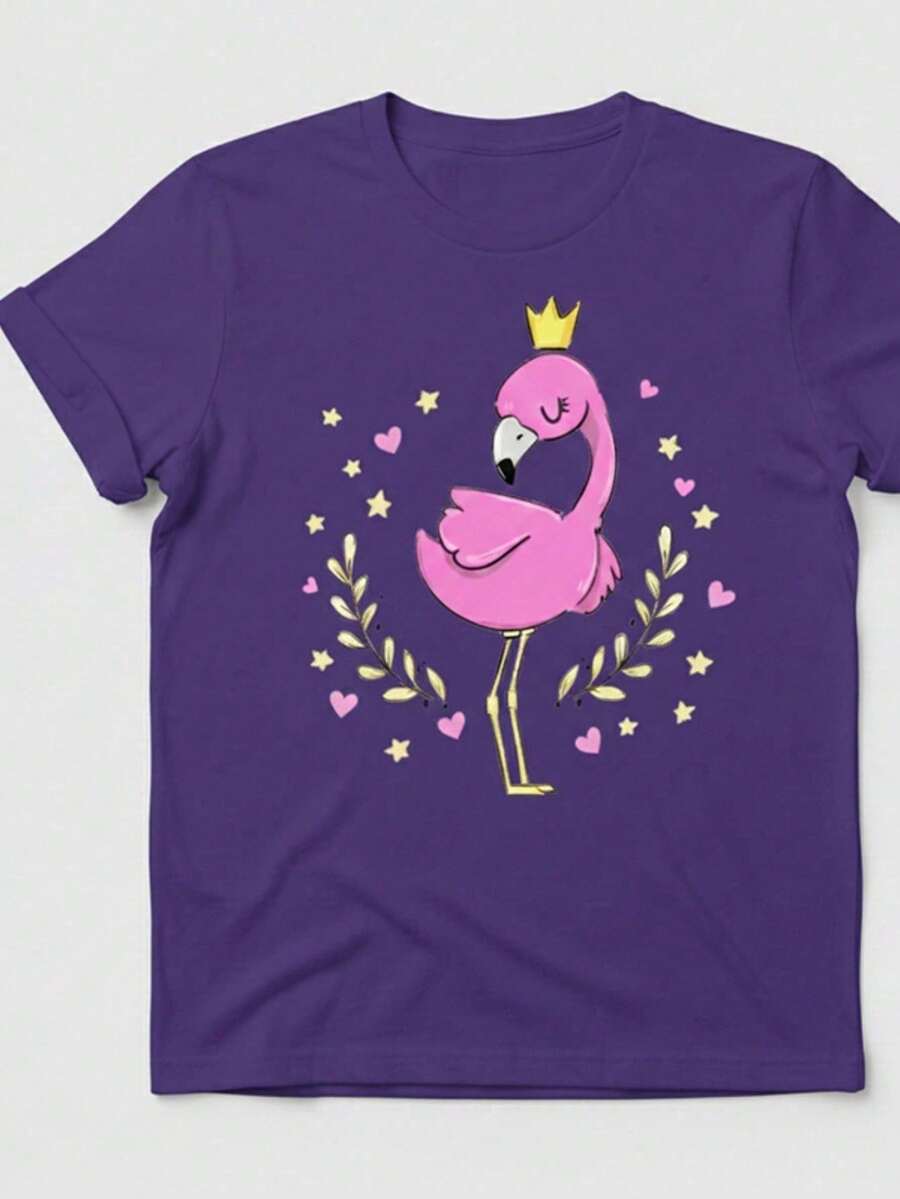 Stylish Women's T-Shirt With Flamingo And Crown Print - New Release - 100% Cotton T-Shirt - Loose, Oversized, Plus Size - GM MODAS - 紫色 - 查看 1