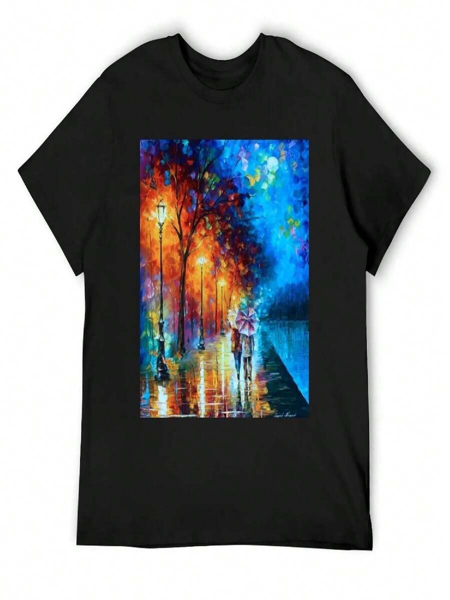 Love By The Lake - Leonid Afremov T-Shirt Graphic T Shirts Funny T-Shirt T-Shirts Luxury T Shirt - 黑色 - 查看 1