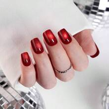 Press On Nails Short Square - Burgundy Red Eye Glitter Nails, Reusable Opaque Gel Magnetic Effect Fake Nails With Glue Cuticle Oil - 32 PCS In 16 Sizes Valentines Gifts Women - C1-1-Màu đỏ anh đào - Xem 3