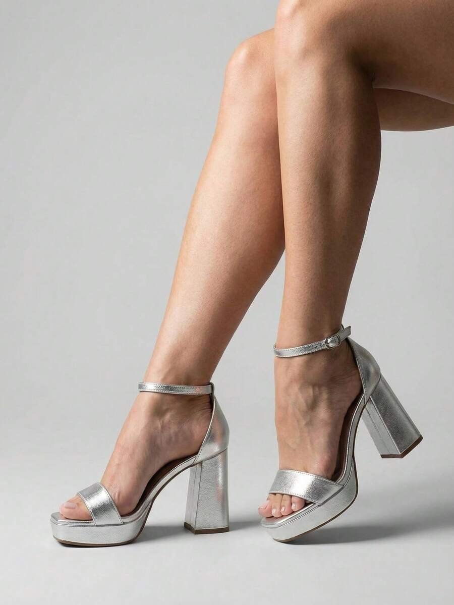 MODARPE Women's Platform Sandal With 10cm High Block Heel M64 - Silver - View 1