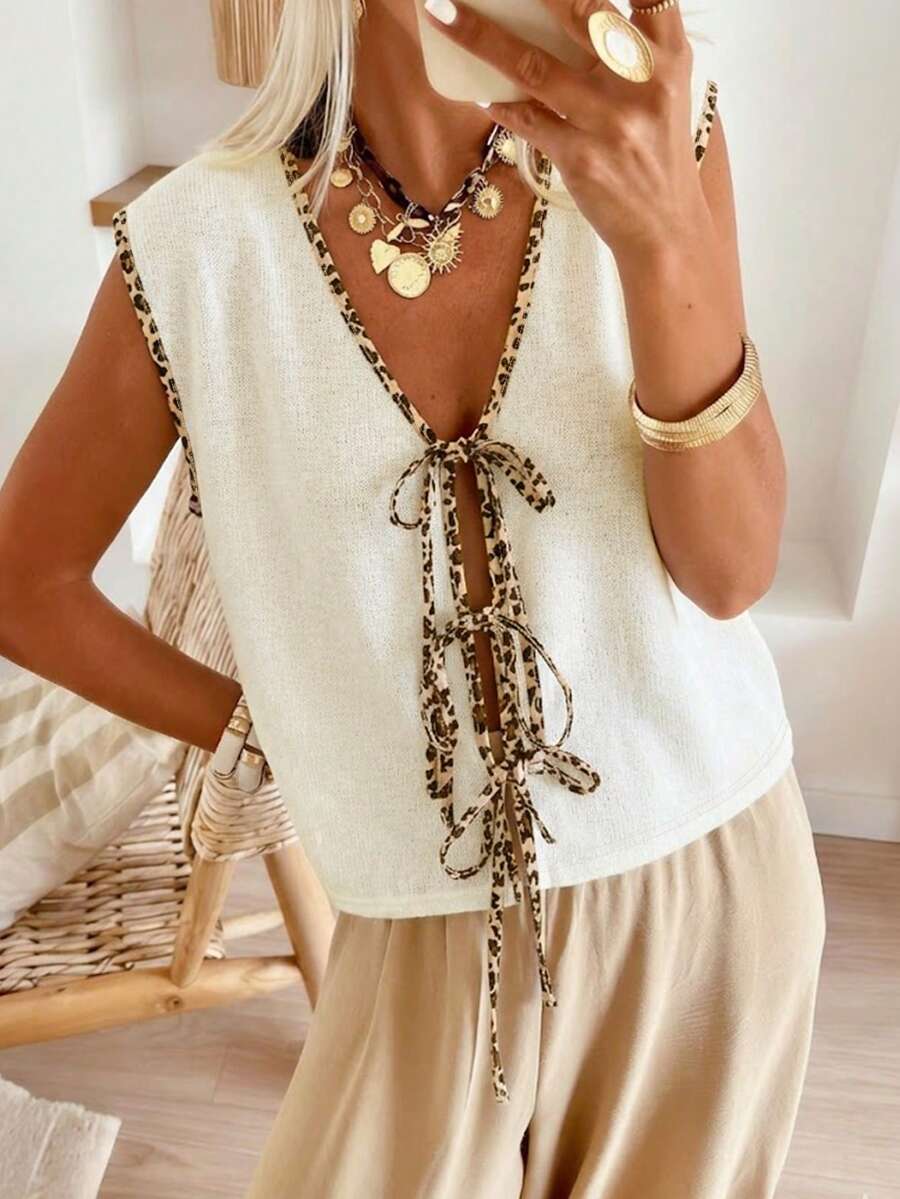 Spring Summer Women's Elegant Cream Knit Top Leopard Print Trim V-Neck Tie Front Sleeveless Boho Chic Daily Casual - Multicolor - View 1