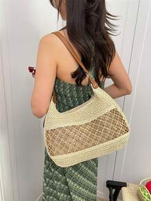 大容量时尚百搭单肩包，休闲镂空编织草编包，沙滩度假腋下包 - 彩色 - 查看 5