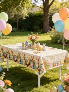 1 szt. obrus wielkanocny, obrus z nadrukiem zajączka wielkanocnego i jajka wielkanocnego, akcesoria na przyjęcie wielkanocne, radosne dekoracje wielkanocne, dekoracja stołu wielkanocnego, bieżnik z zajączkiem wielkanocnym, dekoracja stołu na imprezę cateringową, dekoracje w stylu rustykalnym wielkanocnym, dekoracyjny bieżnik wielkanocny do wewnątrz/na zewnątrz, jednorazowy obrus na piknik wielkanocny, dekoracje wiosenno-letnie, prezent wielkanocny, upominki na przyjęcie - Zajączek wielkanocny - Zobacz 4