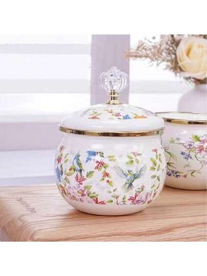 1pc Multi-Color Vintage Enamel Seasoning Jar, Thickened Retro Enamel Sugar Jar, Salt Jar, Tea Jar, Coffee Jar, Lard Jar With Lid, French Vintage Enamel Seasoning Jar, Sugar Jar, Salt Jar, Tea Jar, Coffee Jar, Lard Jar With Lid, Uncoated Acid And Alkali Resistant Storage Jar