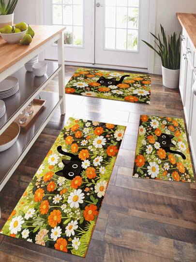 1件装花猫印花地垫，可爱风格，涤纶材质，防滑底，可机洗，室内入口地垫，厨房地垫，户外地毯，客厅、卧室、浴室地毯，房间装饰，办公室装饰