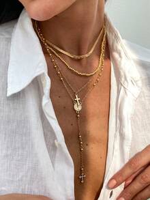 4pcs/Set Elegant Geometric Flat Snake Chain Faux Pearl Beaded Long Y-Shaped Tassel Rhinestone Cross Pendant Necklace, Luxurious Jewelry For Wedding, Party, Vacation, Daily Casual, Street Style, Women & Couples Gift - Necklace - View 2