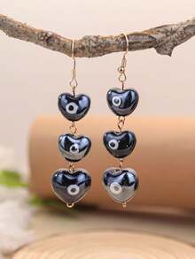 A Pair Of Ceramic Demon's Eye Blue-Eyed Heart-Shaped Earrings, Suitable For Ladies To Wear At Music Festivals And Parties - Multicolor - View 2